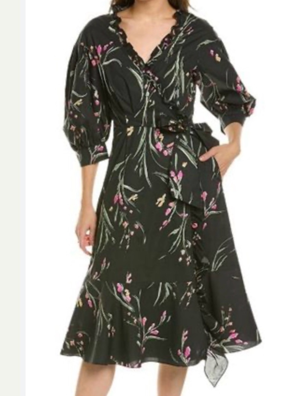 Marchesa Notte Cassia Puff Sleeve Ruffle detail Wrap Dress Size 8
